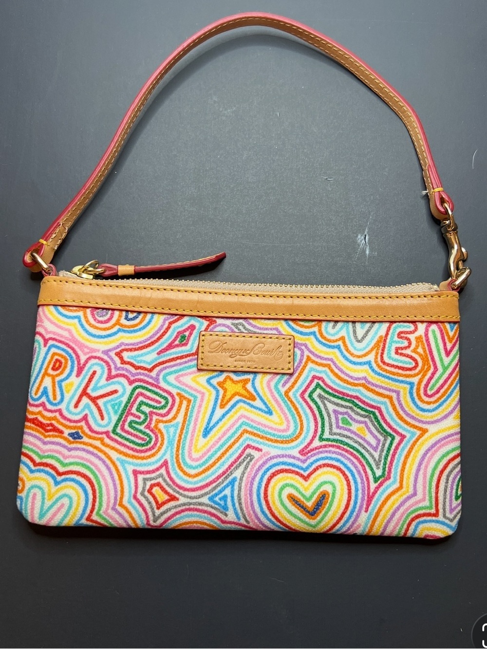 Dooney & Bourke Multicolor Canvas Wristlet with Tan Leather Trim